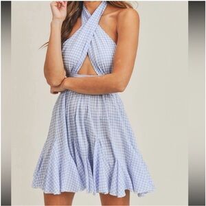 Blue and White Ruffled Tie Front Mini Sundress
